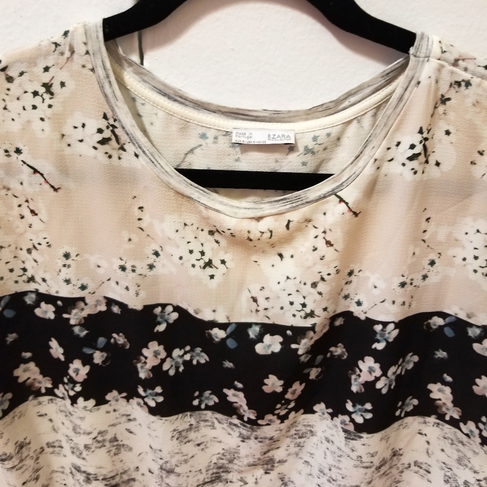 Zara sz med floral shirt tan cream black tee work